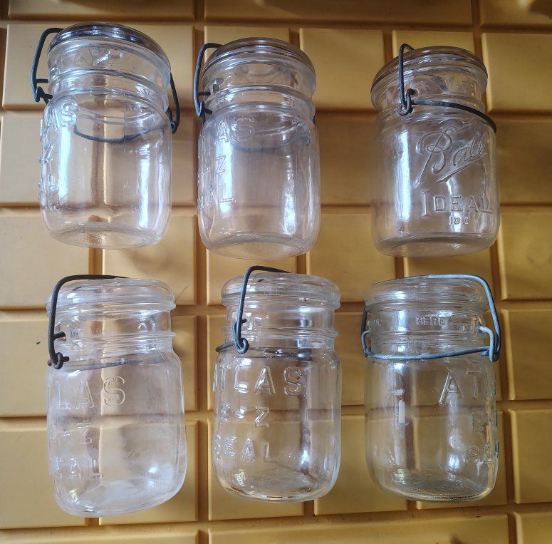Antique Glass Canning Jars Wire Bail Lids Lot of 6 Ball Ideal & Atlas E-Z Seal jars