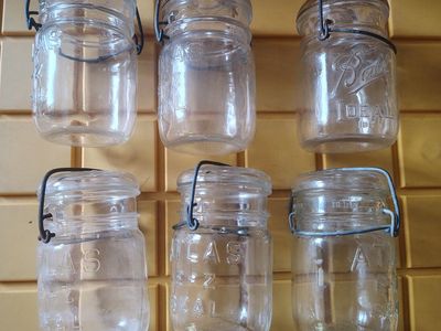 Antique Glass Canning Jars Wire Bail Lids Lot of 6 Ball Ideal & Atlas E-Z Seal jars