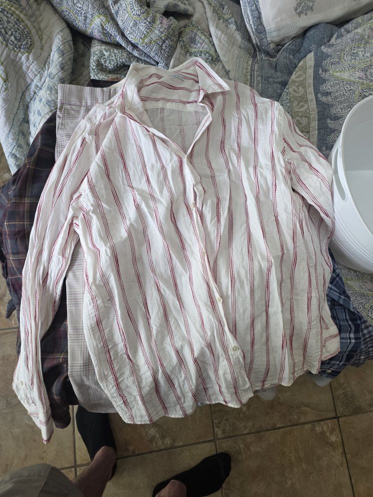 Zara Men's White Linen-Like Button-Up Shirt with Red Stripes - Size XL - Made in Turkey