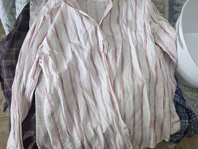 Zara Men's White Linen-Like Button-Up Shirt with Red Stripes - Size XL - Made in Turkey