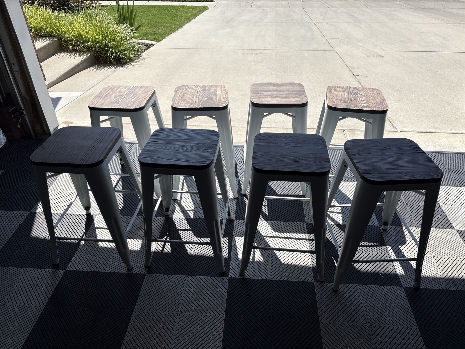 Set of 8 Industrial Style Bar Stools - 24” - Metal Frames & Wood Grain Seats - Two-Tone Design