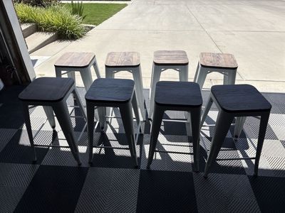 Set of 8 Industrial Style Bar Stools - 24” - Metal Frames & Wood Grain Seats - Two-Tone Design