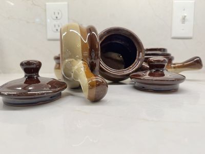 Vintage Ceramic Onion Soup Crocks with Lids Set of 4 Brown & Tan Striped Oven Safe Bowls