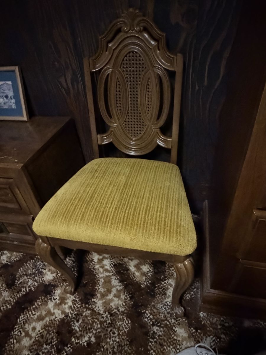 Vintage French Provincial Dining Chair - Cane Back, Carved Wood, Yellow Velvet Seat
