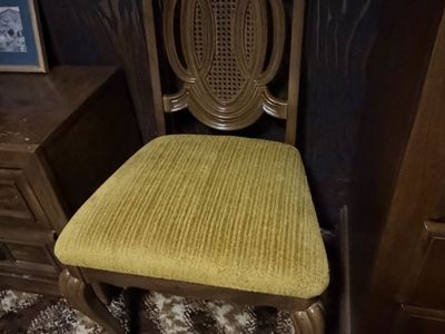 Vintage French Provincial Dining Chair - Cane Back, Carved Wood, Yellow Velvet Seat