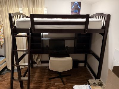 Espresso Loft Bed with Desk & Storage - Space-Saving Wooden Frame