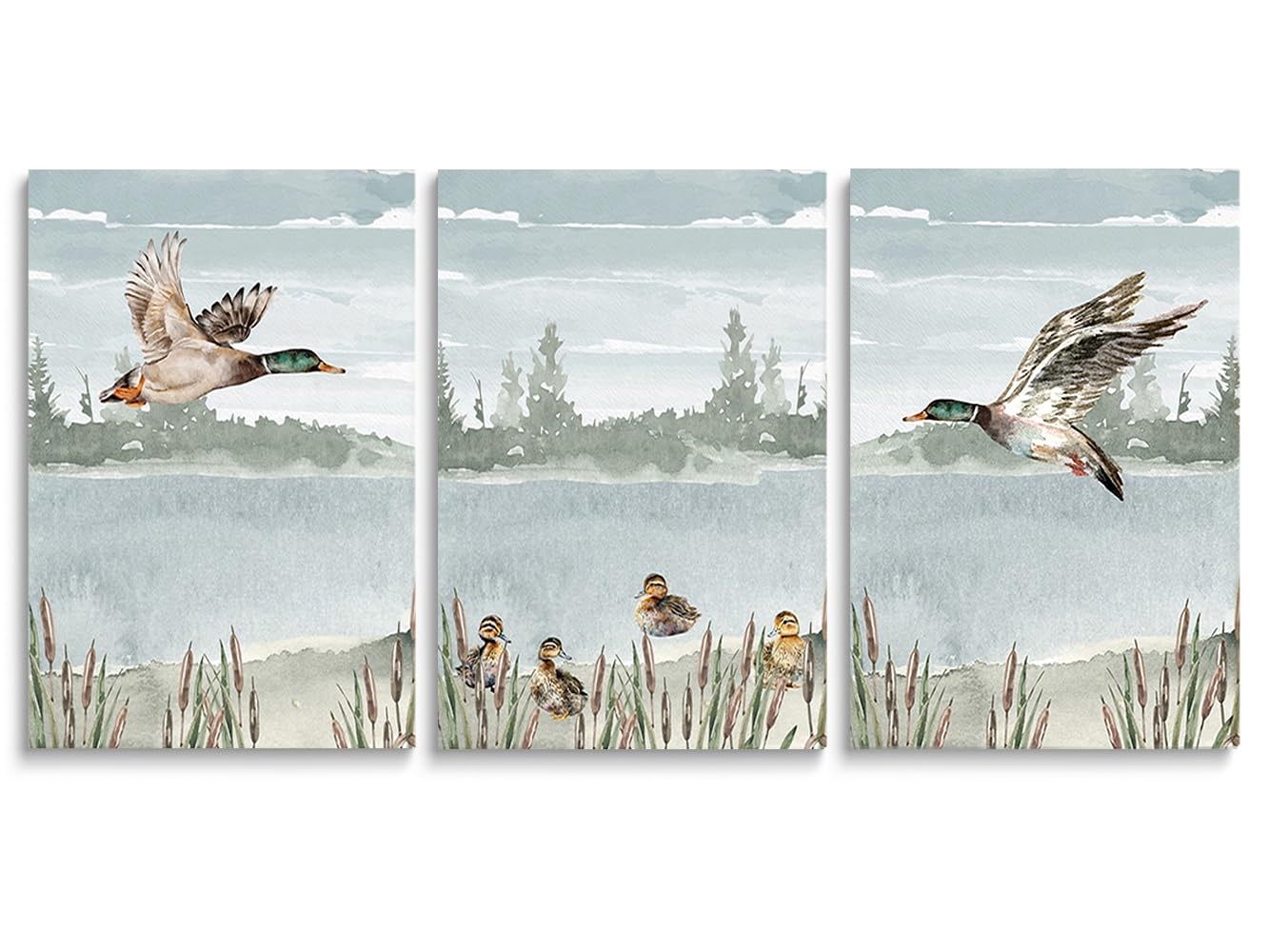 3-Piece Flying Mallard Ducks Watercolor Canvas Wall Art Set