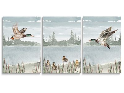 3-Piece Flying Mallard Ducks Watercolor Canvas Wall Art Set