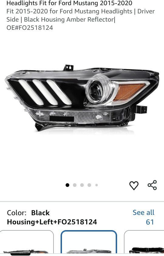 OEM Black Housing Amber Reflector Left Driver Side Headlight for Ford Mustang 2015-2020 FO2518124