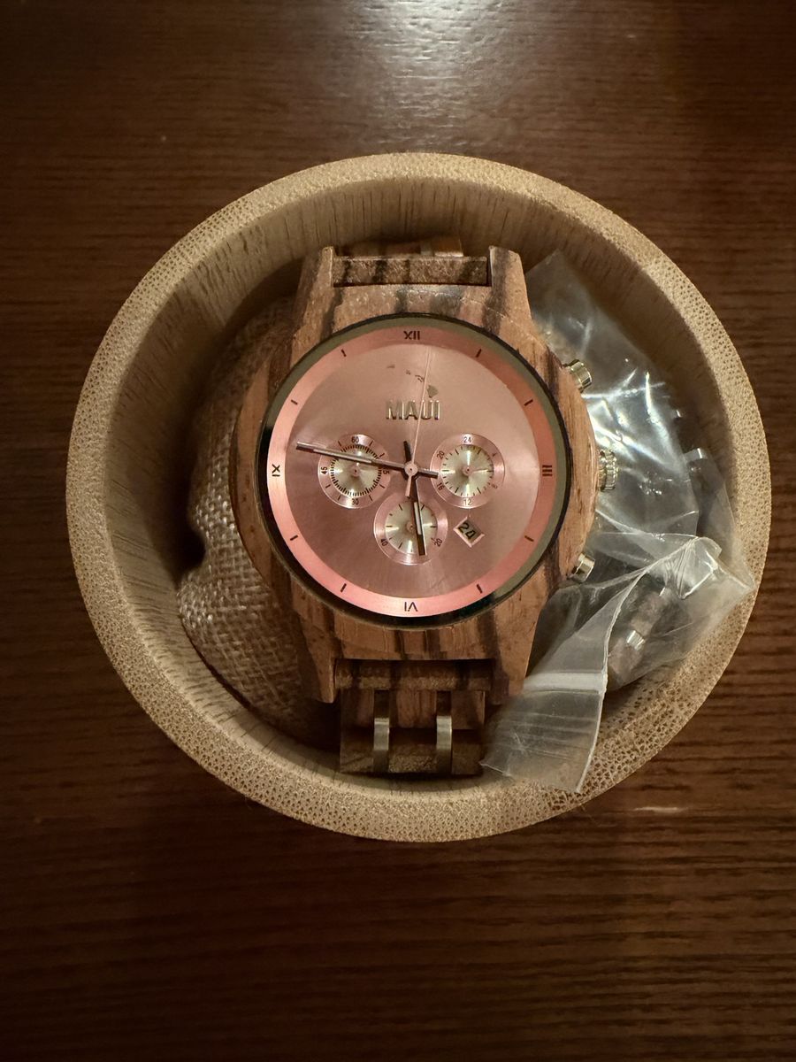 MAUI Wood Watch with Rose Gold Dial and Chronograph Features in Wooden Case