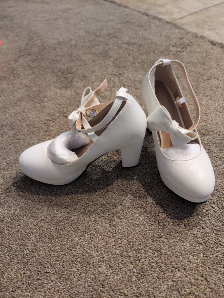 Foremode White Platform Mary Jane Chunky Heels Bow Strap Size 6 W