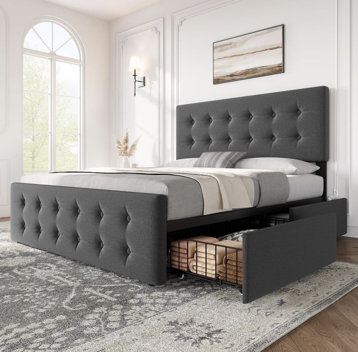 Full size platform bed frame with drawers