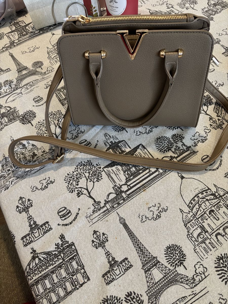 Taupe Structured Crossbody Handbag with Gold V Accent and Top Handles