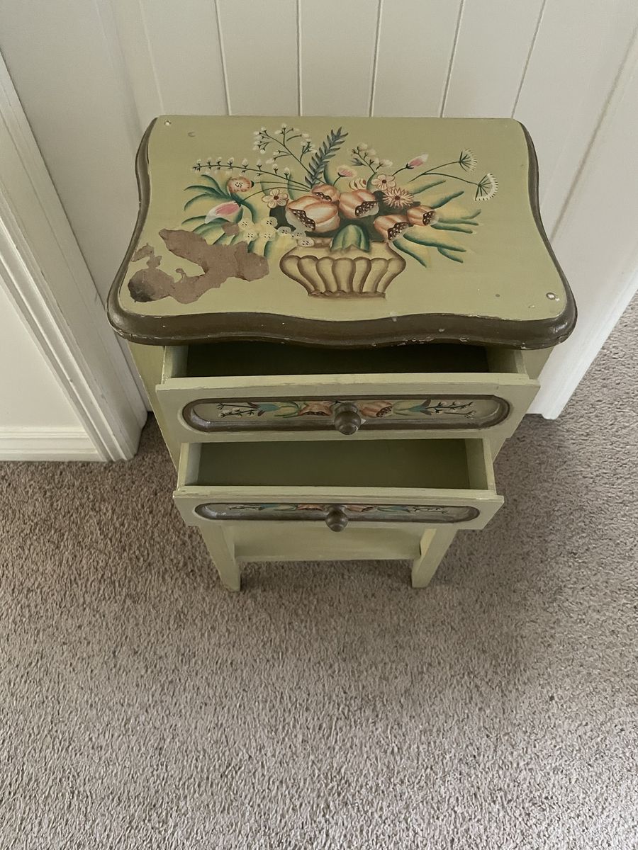 Vintage Hand-Painted Floral Accent Table Nightstand with Two Drawers