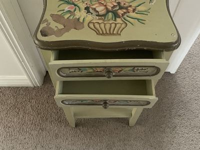 Vintage Hand-Painted Floral Accent Table Nightstand with Two Drawers