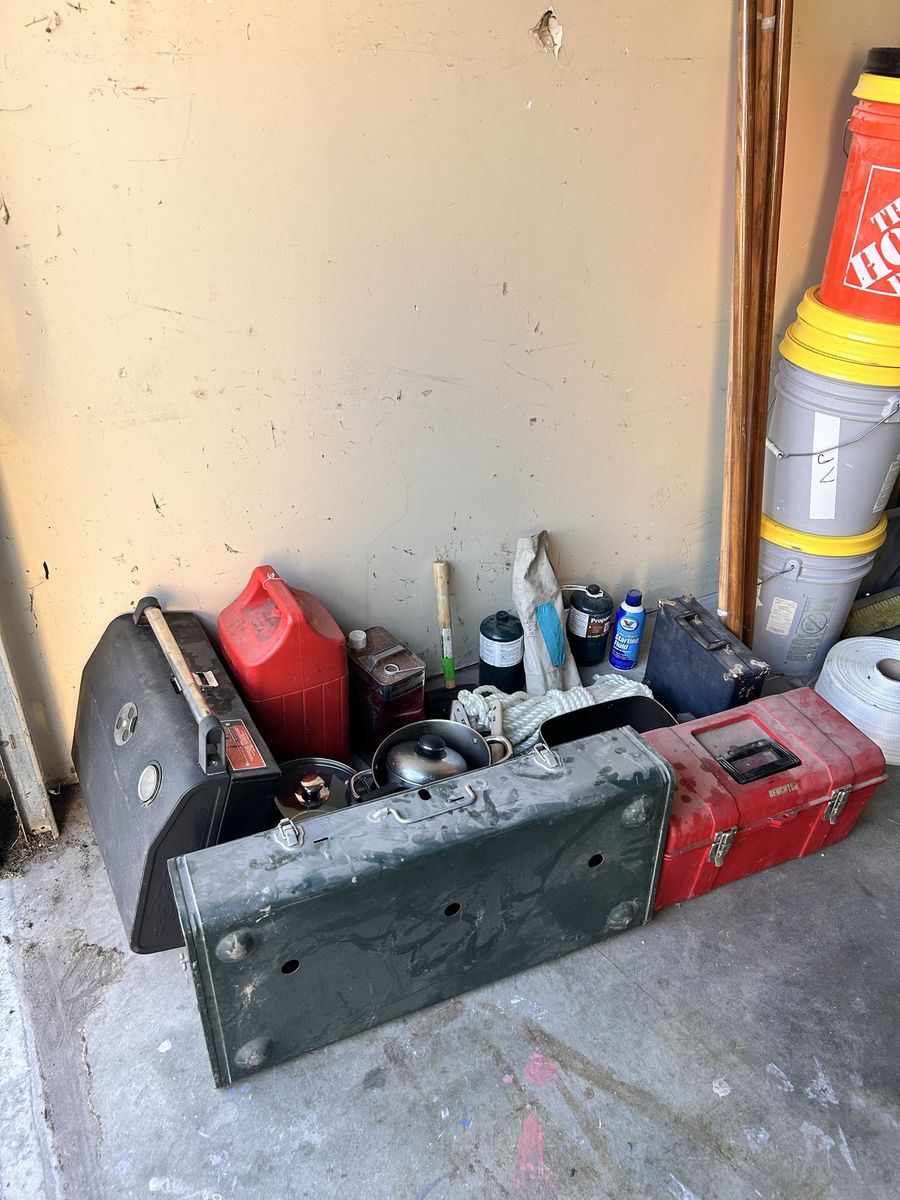 Assorted Camping and Outdoor Gear Lot with Stove, Cookware, and Propane