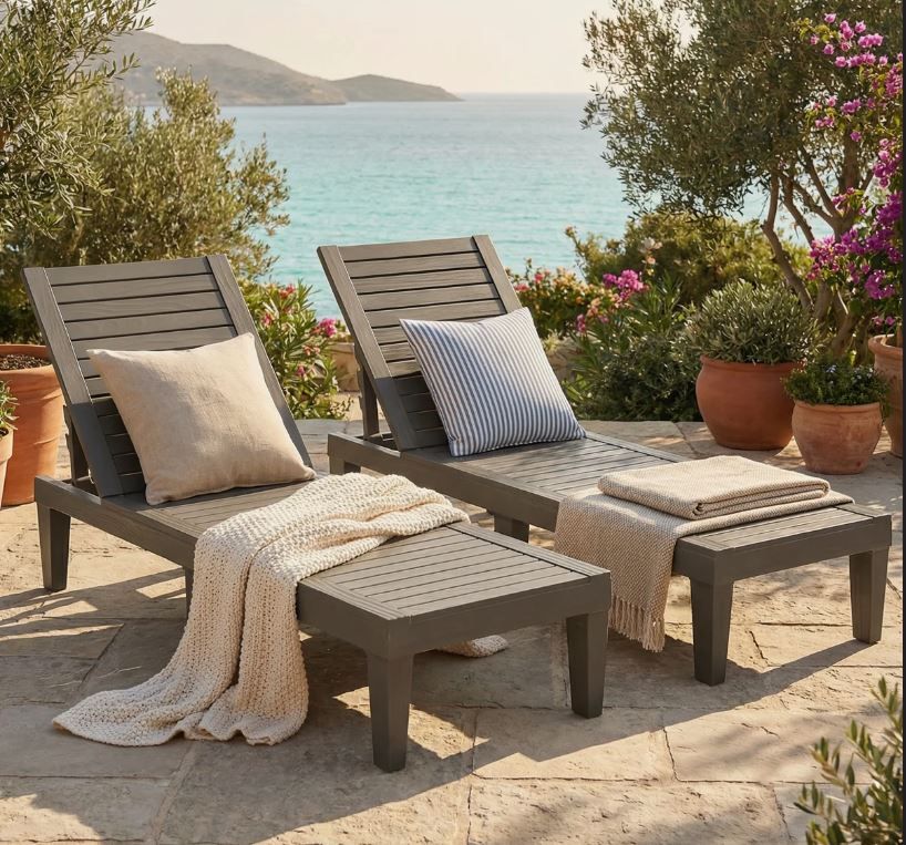 Outdoor Adjustable Sun Lounger (Set of 2) Poly Resin – Wood Look Design – Black or Light Brown