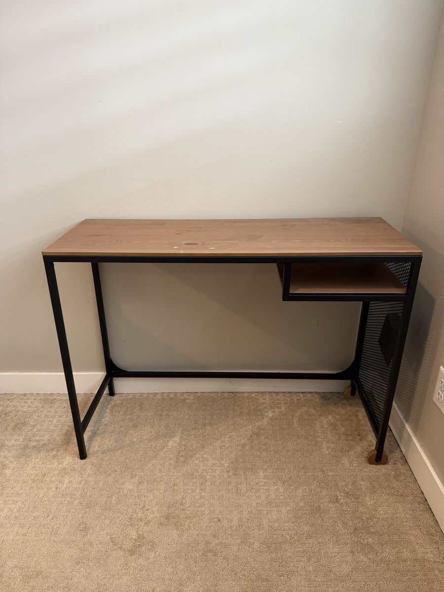 Industrial Style Wood Top Desk with Metal Frame and Shelf