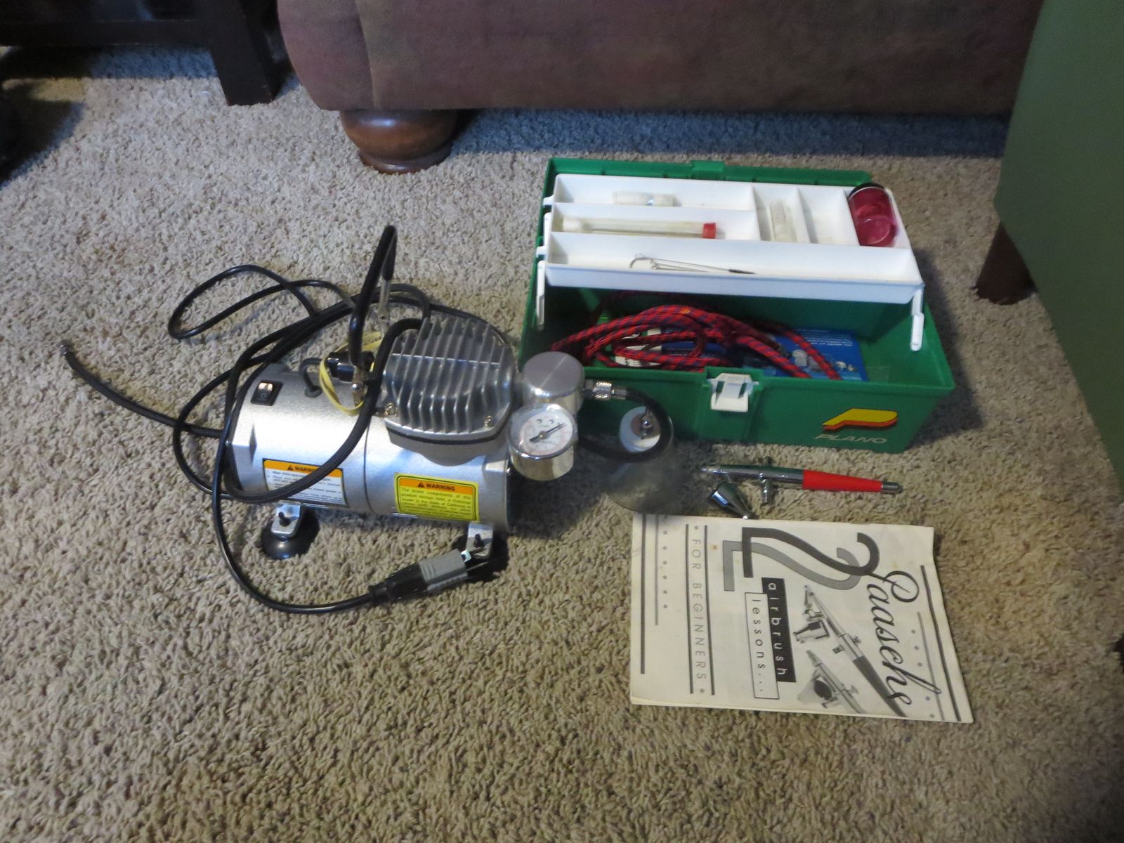 Central Pneumatic Mini Air Compressor 1/5 HP Item 95630 with Paasche Airbrush Kit & Case