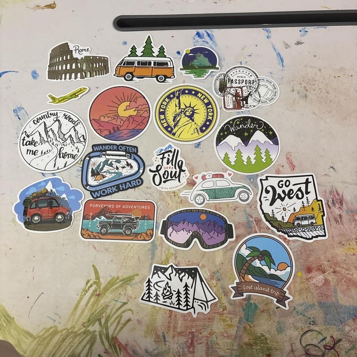 Assorted Travel & Outdoor Adventure Vinyl Stickers - Van, Mountains, Rome Colosseum, New York