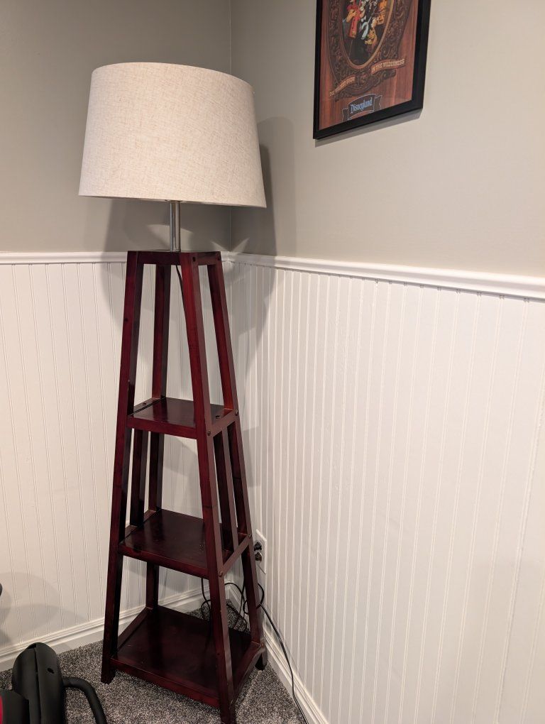Great Shape! Wooden Shelf Floor Lamp with Linen Shade - Dark Cherry Finish, Built-in Shelves