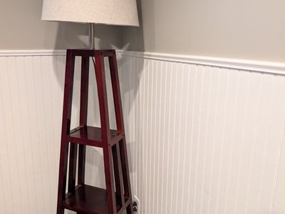 Great Shape! Wooden Shelf Floor Lamp with Linen Shade - Dark Cherry Finish, Built-in Shelves