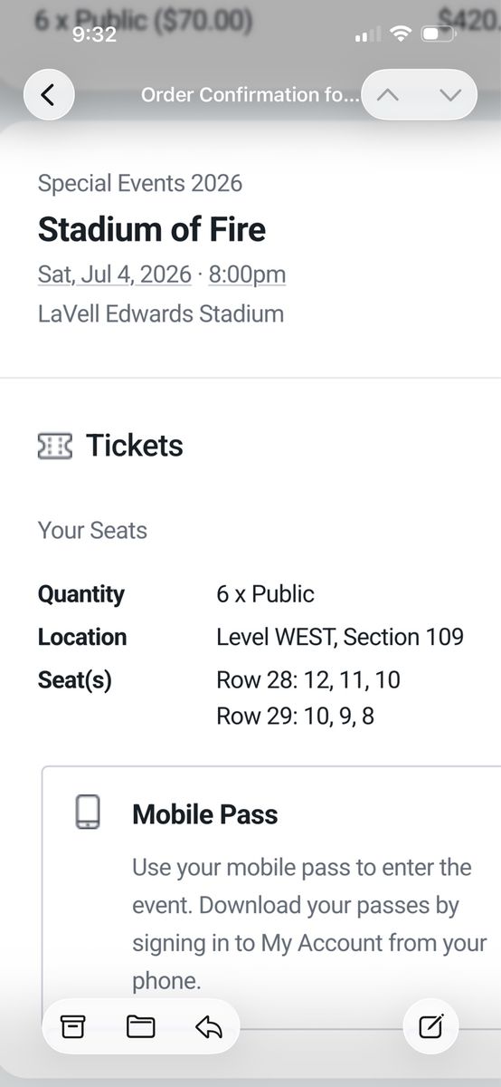 6 Stadium of fire tickets. Sold together.