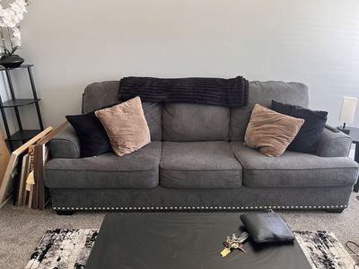 Dark Gray Fabric 3-Cushion Sofa with Nailhead Trim