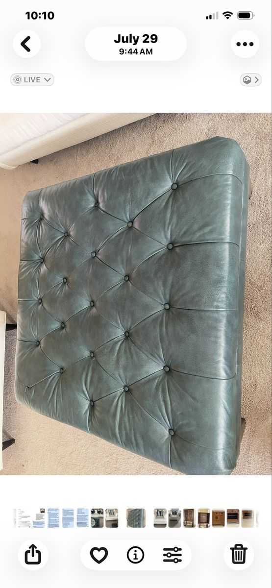 Oversized tufted square leather ottoman in Teal.