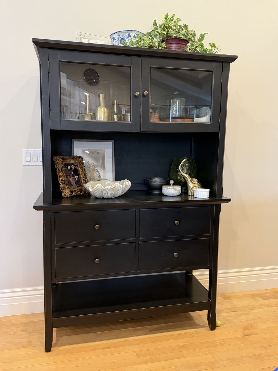 Black Wooden Hutch Cabinet with Glass Doors and Storage Drawers