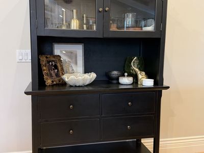 Black Wooden Hutch Cabinet with Glass Doors and Storage Drawers