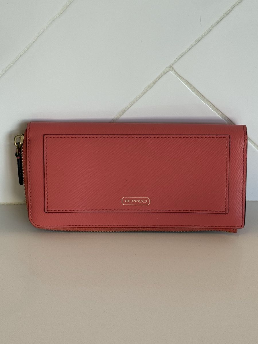 COACH Red Saffiano Leather Accordion Zip Wallet