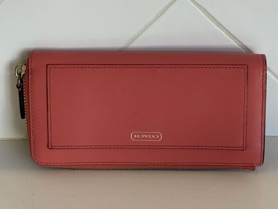 COACH Red Saffiano Leather Accordion Zip Wallet