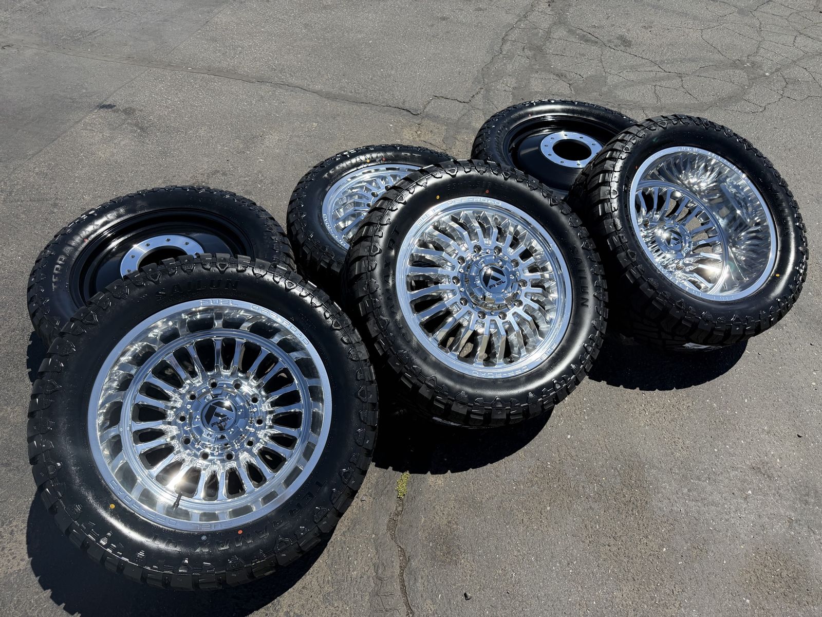 6 New Dually DRW 10x225 10 lug 35x12.50r22 Terramax RT Polished Fuel ARC Ford F450 F550 Ram 4500 5500 3 peak snowflake rated 12