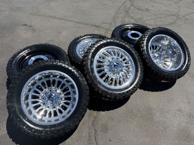 6 New Dually DRW 10x225 10 lug 35x12.50r22 Terramax RT Polished Fuel ARC Ford F450 F550 Ram 4500 5500 3 peak snowflake rated 12