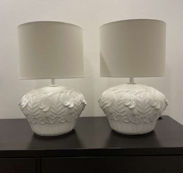 Pair of Vintage White Ceramic Calla Lily Table Lamps with Modern Drum Shades