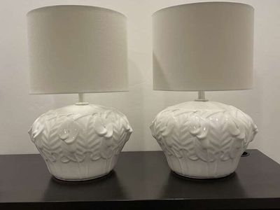 Pair of Vintage White Ceramic Calla Lily Table Lamps with Modern Drum Shades