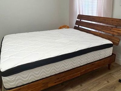 Wooden Bed Frame with Slatted Headboard and Mattress like new clean matress queen size bed and mattress $160
