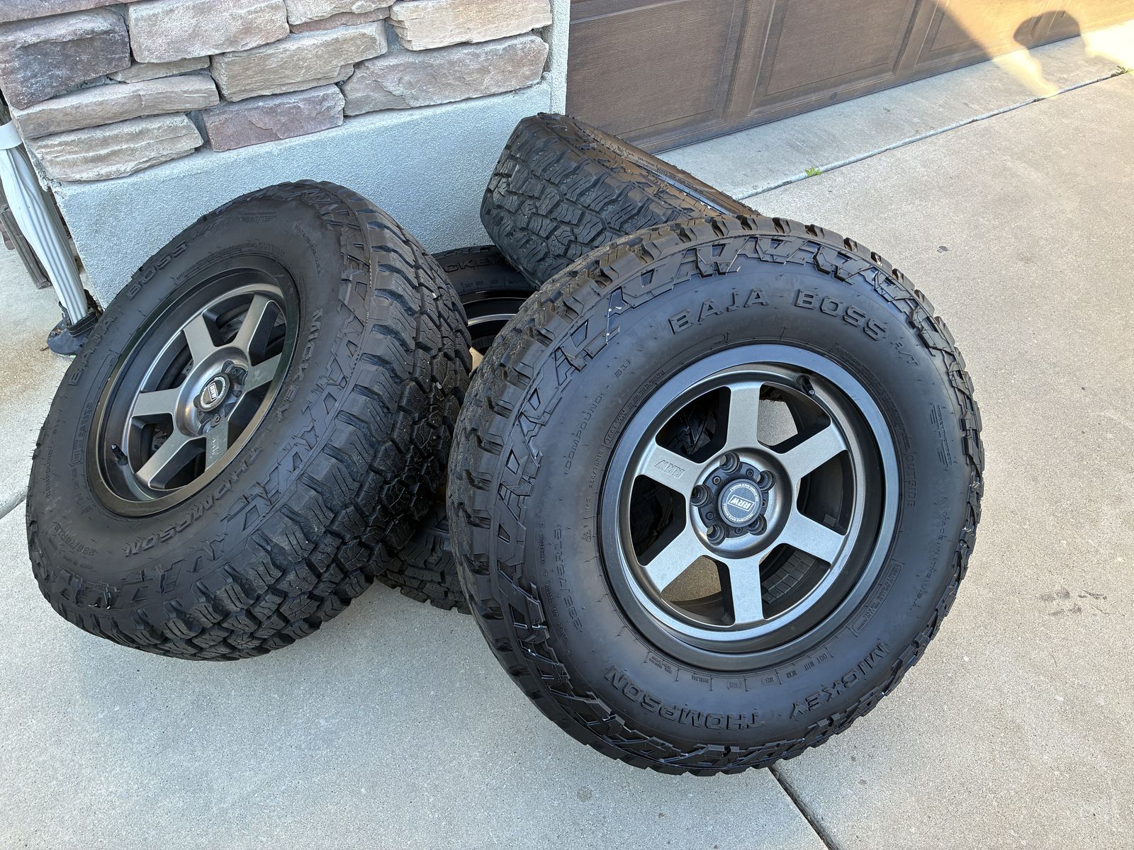 Complete set of 4 — RRW RR5-S 15x7 wheels + Mickey Thompson Baja Boss A/T tires 235/75/r15 off a Subaru