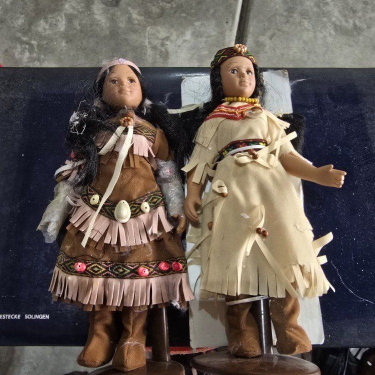 Vintage Porcelain Native American Style Collectible Dolls with Traditional Fringed Outfits - Lot of 6