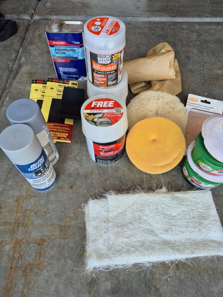 Auto Body Repair & Polishing Supplies Bundle - Bondo, Fiberglass matting, Resin, Pads & Paint