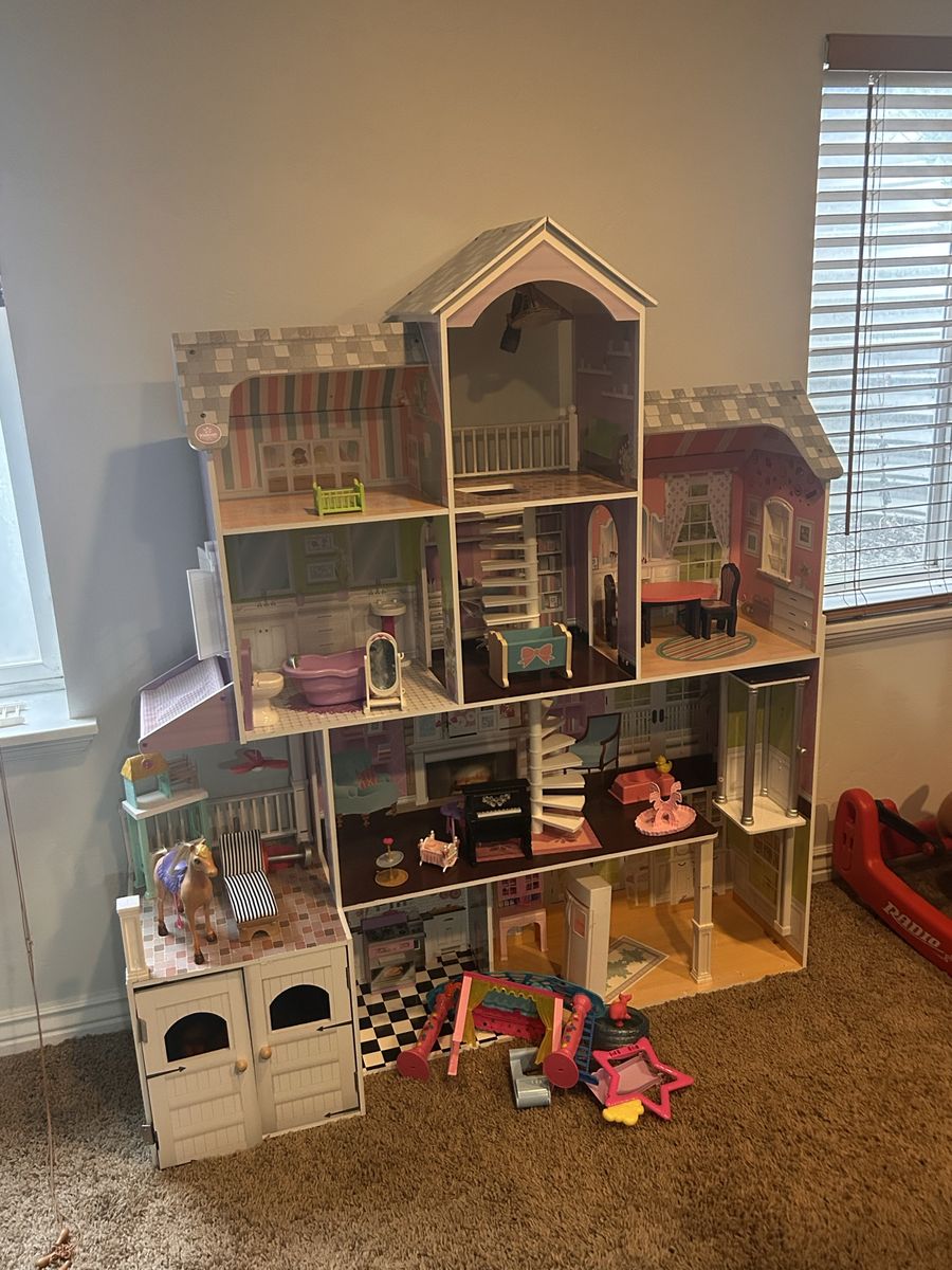 Large Wooden Dollhouse with Multiple Rooms, Furniture, and Accessories - Good Condition