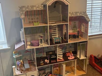 Large Wooden Dollhouse with Multiple Rooms, Furniture, and Accessories - Good Condition