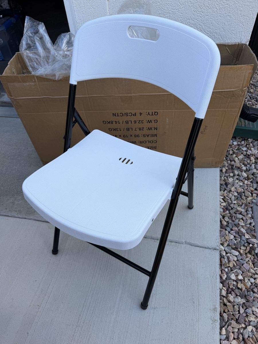 White Plastic Folding Chairs with Black Metal Frame - Set of 4- Brand New