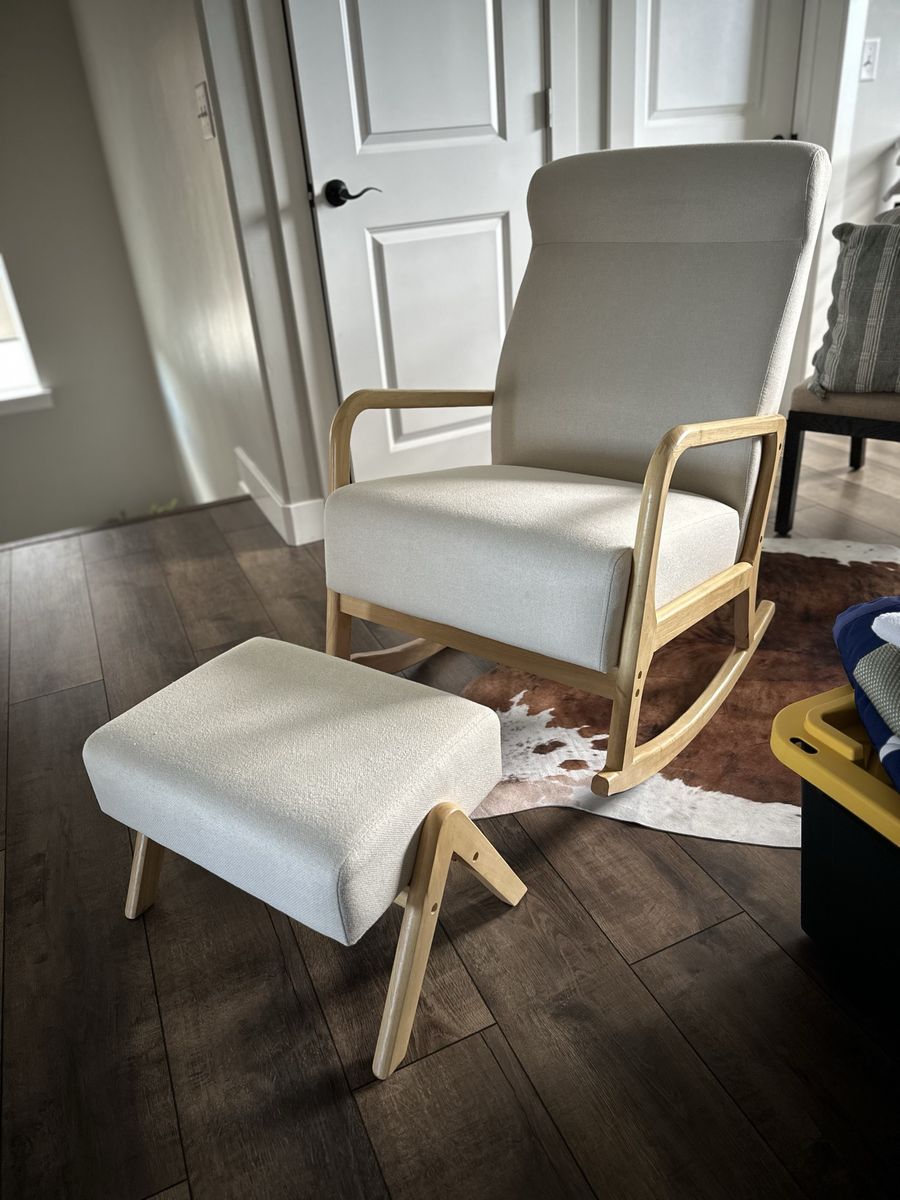 Modern Light Wood and Beige Fabric Rocking Chair with Matching Ottoman
