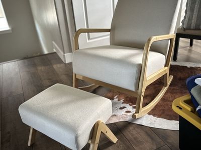 Modern Light Wood and Beige Fabric Rocking Chair with Matching Ottoman