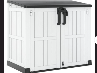 New in Box, ASH GRAY/BLACK. 51''W x29Dx43H Outdoor Resin Horizontal Storage Shed-280 Gallon