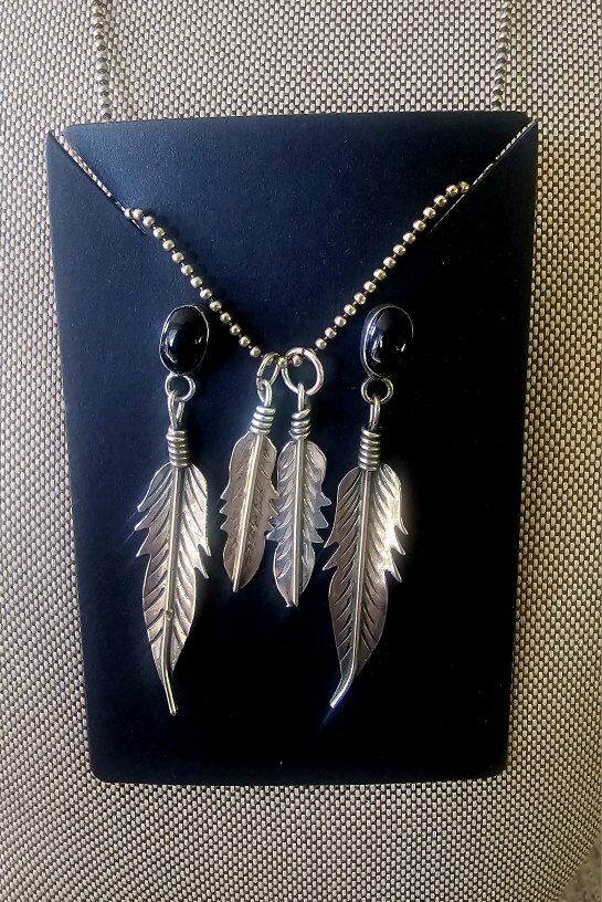 Vntg Native Ind STER SILV FEATHER Necklace/ER Set
