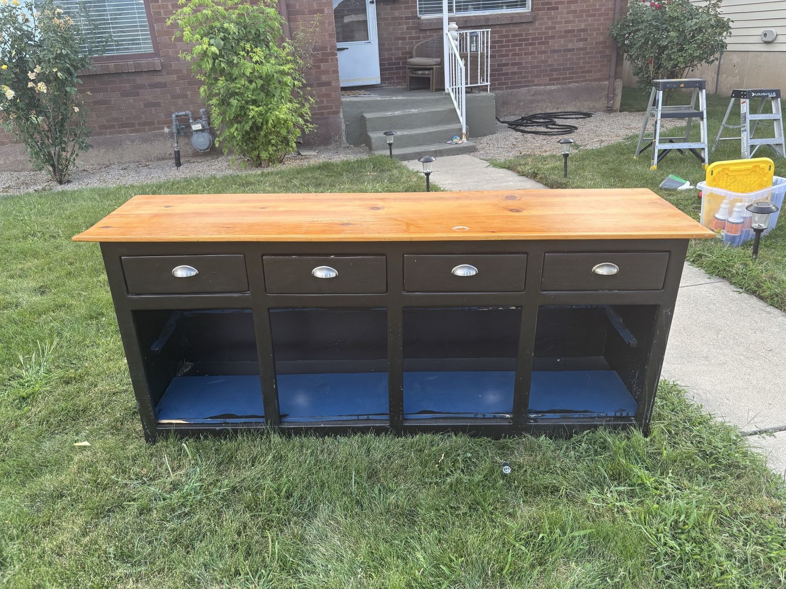 Large Wooden Credenza / Buffet with Natural Wood Top and Dark Base