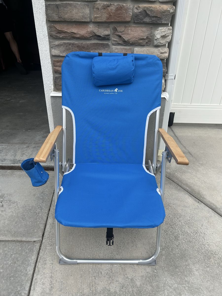 Caribbean Joe Backpack Beach Chair Blue w/ Cooler Pouch & Wood Arm Rests